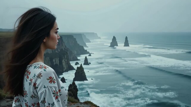 Woman standing on cliff looking at rough ocean waves and rocks, cloudy weather, windy scene. Concept of solitude and self-reflection