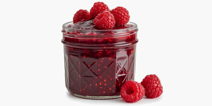 Delicious homemade raspberry jam freshly made in a glass jar topped with raspberries