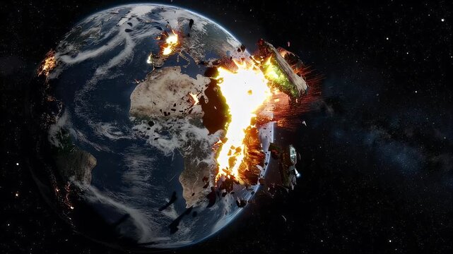 Earth fracturing, ablaze in space, with a fiery core visible