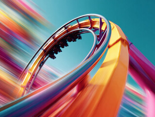 Dynamic image of a roller coaster at top speed. Motion blur and vibrant colors convey excitement, adventure, and thrills. Great for marketing, travel, or abstract concepts.