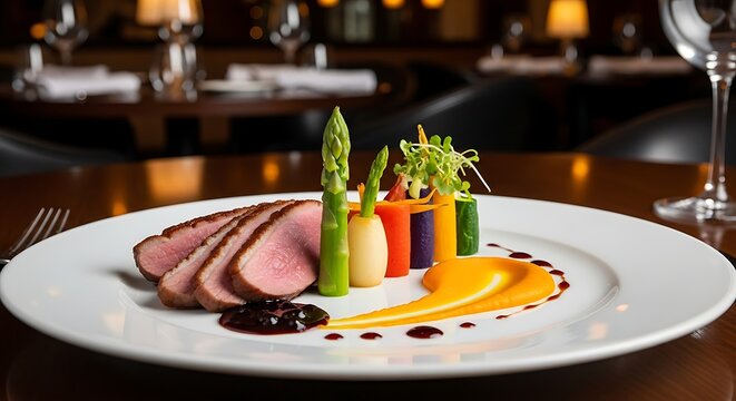 Gourmet duck breast entree with colorful roasted vegetables and savory sauce