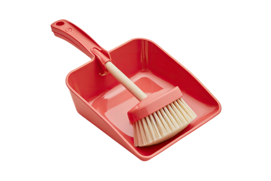 A red cleaning brush and dustpan, used for tidying and sweeping dirt, on a black background