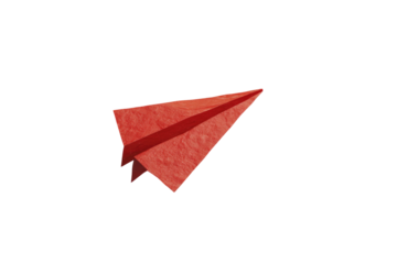 Isolated, reddish-orange paper airplane, against a stark, solid black background