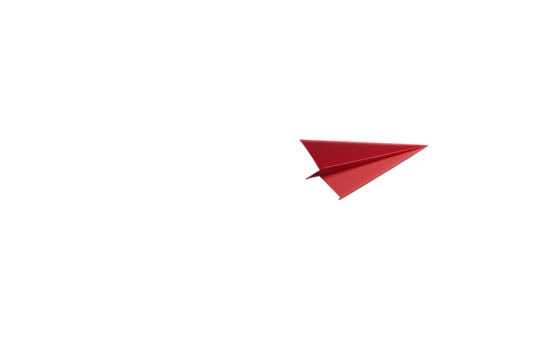 A simple, red origami paper airplane, angled to the right, isolated against a black backdrop