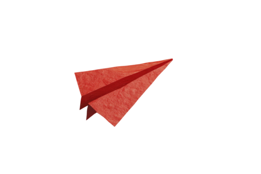 Isolated, reddish-orange paper airplane, against a stark, solid black background - Powered by Adobe