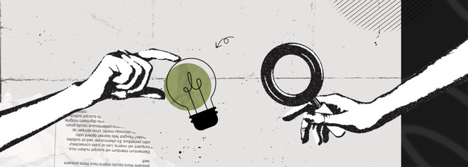 Trendy Halftone Collage Search idea. Hand holding magnifying glass with lightbulb. Creative vision and thinking. Business insights and solutions. Find target. Contemporary vector illustration art © accogliente