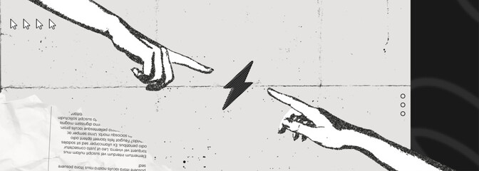 Obraz na płótnie Canvas Trendy Stipple Halftone effect Two hands pointing to lightning bolt. Power of teamwork. Digital contemporary art. SEO marketing concept. Business idea. Vintage vector illustration art