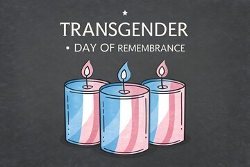 Transgender Day Of Remembrance Candles: Three Pink And Blue Striped Holders On Dark Background

