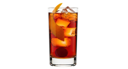 Isolated tall highball glass of a Negroni cocktail with ice, cherry and orange twist garnish
