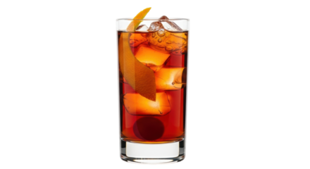 Isolated tall highball glass of a Negroni cocktail with ice, cherry and orange twist garnish