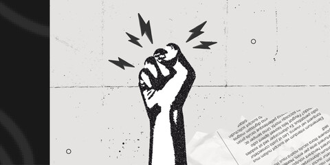 Trendy Halftone Collage Raised Fist up. Demonstration of protest. Fight for your rights. Power sign. Success and strength. Feminism concept. Magazine style. Contemporary vector art illustration © accogliente
