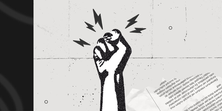 Trendy Halftone Collage Raised Fist up. Demonstration of protest. Fight for your rights. Power sign. Success and strength. Feminism concept. Magazine style. Contemporary vector art illustration