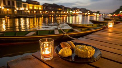 Romantic evening meal by water with candlelight and blurred city lights