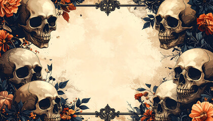 Skull frame floral border vintage Halloween design elegant high fashion style moody ornate background