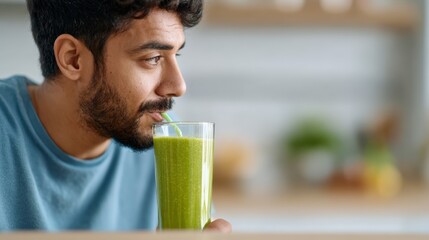 Healthy man savoring a refreshing green smoothie in a modern kitchen, embodying wellness and promoting a vibrant, healthy lifestyle through nutritious choices and mindful eating