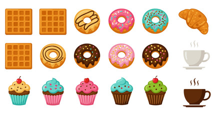 An array of colorful breakfast treats  coffee arranged in a grid pattern on a white background