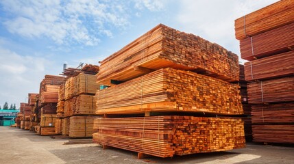 Stacked lumber piles under blue sky at industrial timber yard