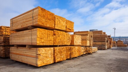 Stacks of wooden lumber planks at industrial timber yard