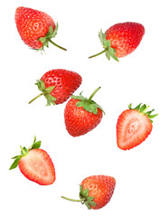 seven fresh, ripe, red garden strawberries, including whole berries and two clean-cut halves, displayed in a scattered and dynamic composition, isolated on a pure transparent background.