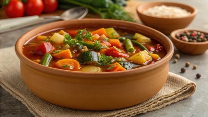 allergy aware cooking A vibrant vegetable stew served in a rustic bowl, garnished with herbs and accompanied by rice and spices.