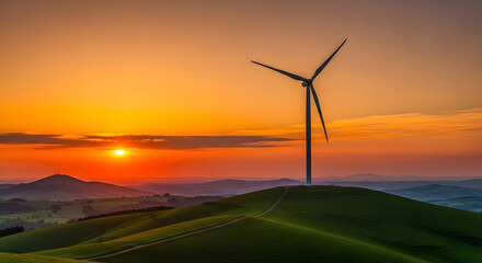 Obraz premium Wind Turbine at Sunset Harnessing Renewable Energy on a Hilltop for Sustainable Power Generation