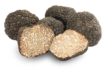 luxurious black winter truffles (tuber melanosporum), whole and halved to show the marbled interior, isolated on a clean transparent background for gourmet themes.