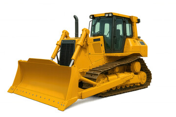 Heavy yellow bulldozer with large blade, powerful trackhoe for earthmoving and mining projects isolated