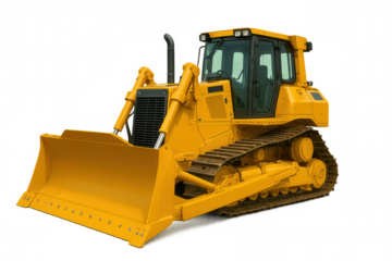 Heavy yellow bulldozer with large blade, powerful trackhoe for earthmoving and mining projects isolated