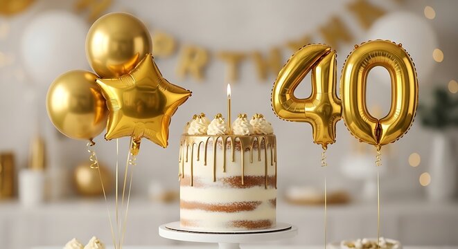 Golden 40th Birthday Celebration with Cake and Balloons