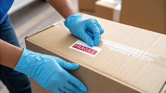 Action of Packaging, Subject of Fragile Box, Location Indoors, Content Type Photo, Environment Office, Viewpoint Close-Up, Concept of Careful Handling