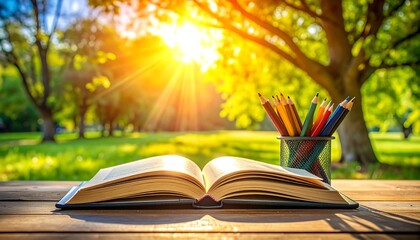 An open book and colorful pencils sit on a wooden table bathed in sunlight, with a lush green park in the background