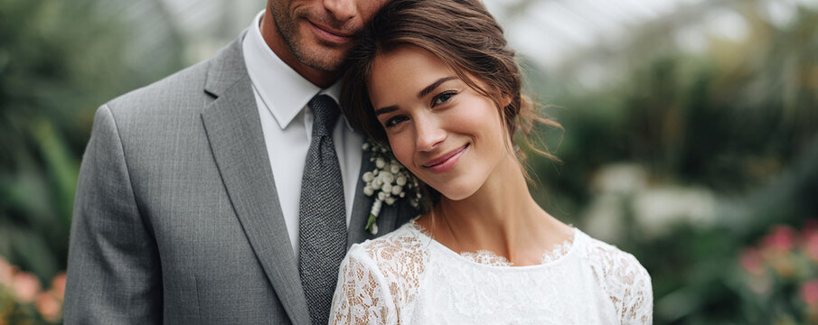 Intimate portrait of a happy couple in love. The woman, in white lace, leans lovingly against the man in a gray suit. Perfect for wedding, romance or commitment themes.