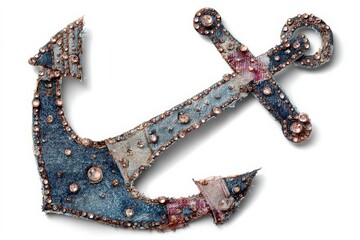 Crossed denim anchors with pearls and metal studs, vintage nautical emblem on white background