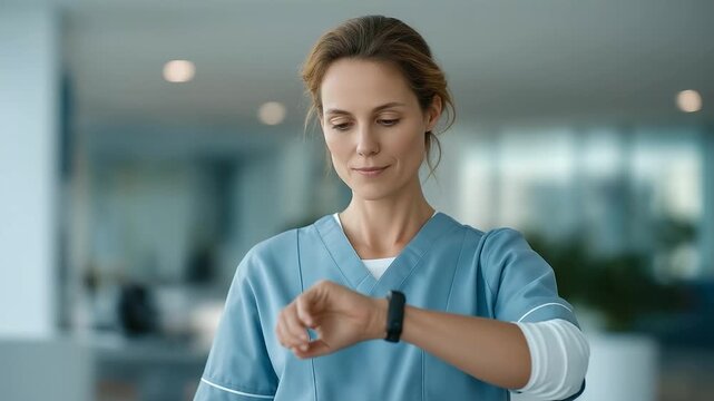 female nurse receiving push alert on smartwatch for urgent supply restock soft vibration fast action three quarter wide angle cinematic color correction gentle backlight clean