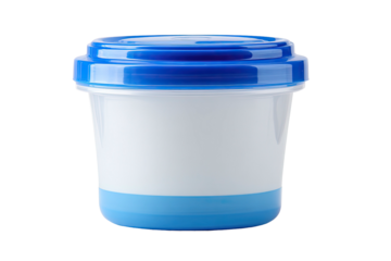 A small, clear, cylindrical container with a bright blue lid and a blue base is seen against black