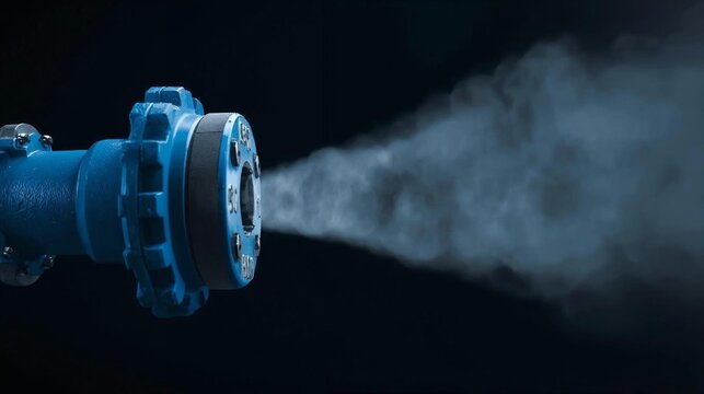 Close-up of a gas pipe connection with visible leakage and haze