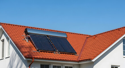 Fototapeta premium Modern home with solar water heating system on the roof, showcasing sustainable energy and eco-friendly technology with blue sky background