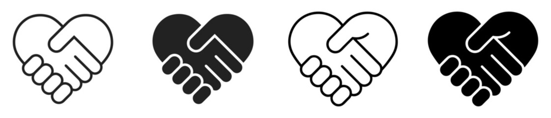 Heart shaped handshake icons representing unity, partnership, friendship, and teamwork. Includes outline, solid, and red gradient styles. Perfect for business, charity, and relationship concepts.