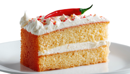 Slice of layered yellow cake, topped with white frosting, sprinkles, and a red chili pepper