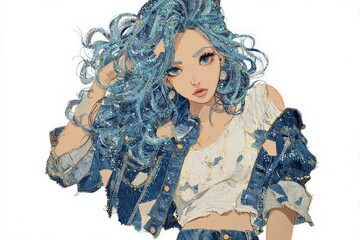 Blue haired anime girl wearing a denim jacket, fashion illustration with soft shading on white