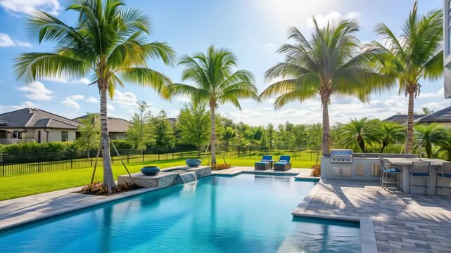 Luxury backyard swimming pool with palm trees in tropical setting