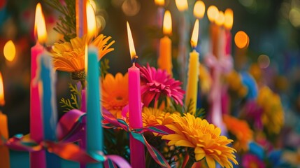 Close up of tall candles and gerbera flowers in saturated neon hues, cozy celebratory mood