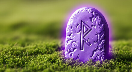 An ancient rune stone on mossy ground glowing purple