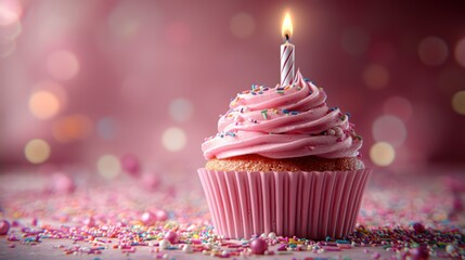 Pink birthday cupcake with candle, sprinkles, bokeh background; perfect for celebration cards