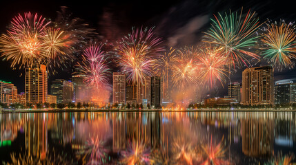 Fototapeta premium City celebration event with dazzling fireworks at night