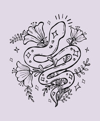 Outline Mystical snake with Flowers Plants. Textured Hand Drawn Doodle. Sketch kundalini for design, symbolizing magic and transformation. Vector Illustration. Not AI
