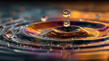 Stunning close-up of water droplets creating ripples with vibrant golden reflections, perfect for science, nature, or abstract designs, conveying tranquility and the beauty of fluidity