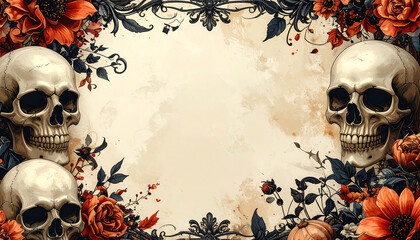 Skull frame with orange roses and ornate vines, vintage Halloween border with subtle macabre elegance and moody floral accents