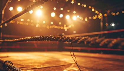 Close up of a boxing ring rope with blurred lights.