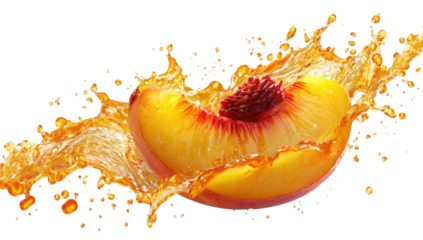 A sliced, vibrant peach is suspended mid-air, amidst an explosion of juice and droplets